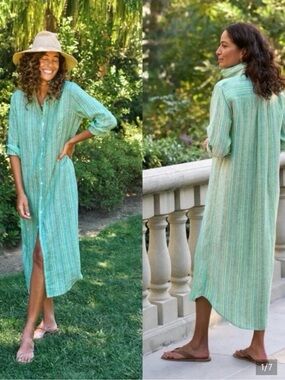 FRANK & EILEEN Rory Green Multi Stripe Maxi Shirtdress